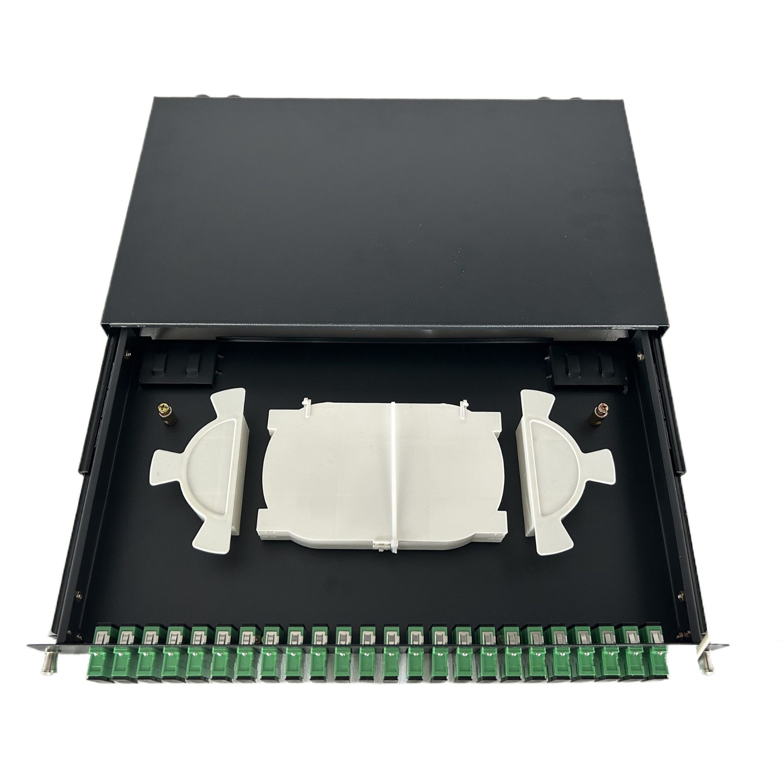 19" 1U Fiber optički rekabilni klizni panel – 24 SC simplex adaptera + 24 SC simplex pigtejla