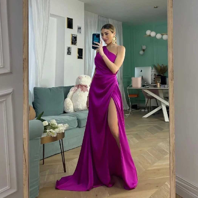 Purple formal dress on the shoulder