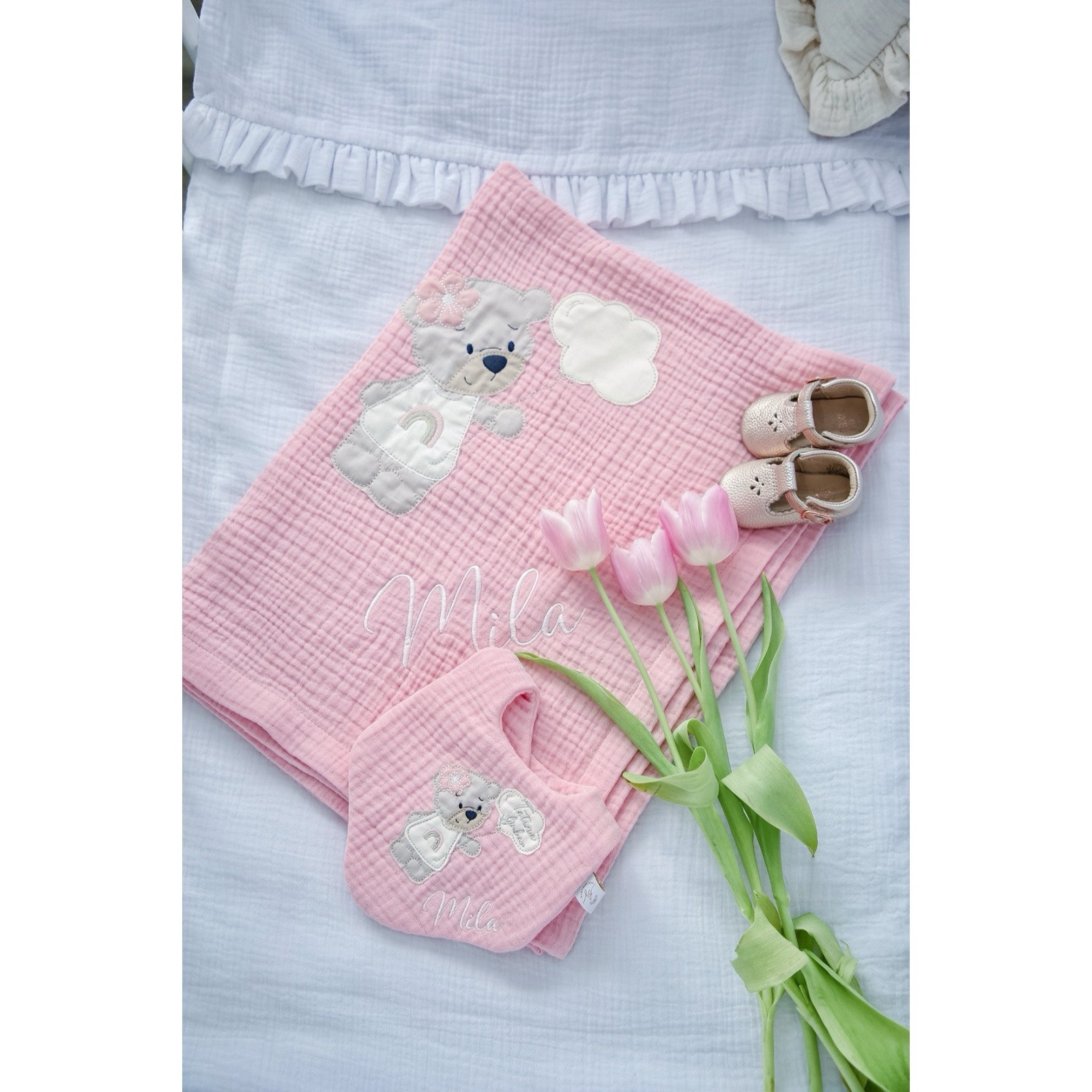 Baby rozi muslin prekrivač i portikla sa aplikacijom meda/DUGA

